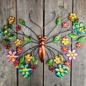 17.5" Metal Flower Butterfly With Acrylic Jewels, Wall Hanging, Wall Decor